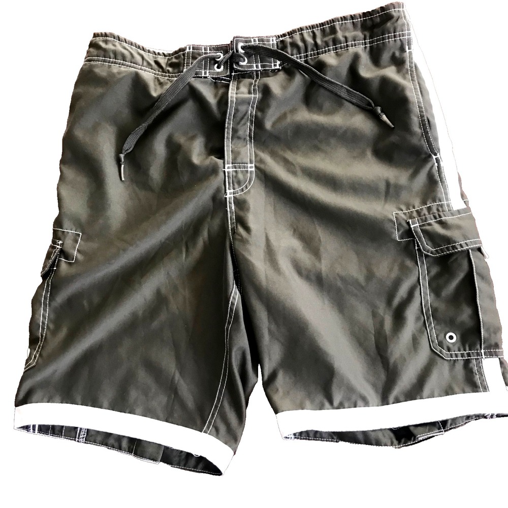 Joe Boxer Mens L Green w/ White‎ Stripe Swimming Trunks Lined with Cargo Pockets